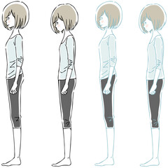 姿勢が良い女性と猫背の女性の全身