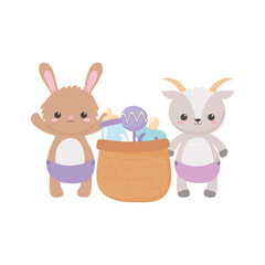 Obraz na płótnie Canvas baby shower, cute bunny goat with basket rattle pacifier and bottle milk, celebration welcome newborn