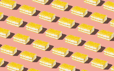 Trendy seamless food pattern - layered sponge cakes on a pastel background, minimal food isometric concept texture.