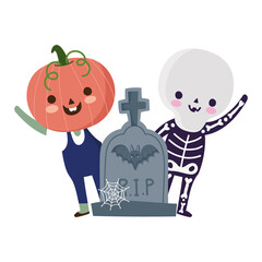 happy halloween, pumpkin skeleton costumes and tombstone trick or treat party celebration