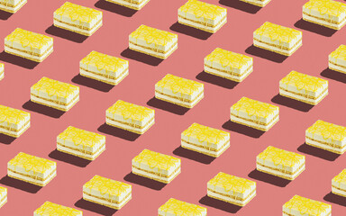 Trendy seamless food pattern - layered sponge cakes on a pastel background, minimal food isometric concept texture.