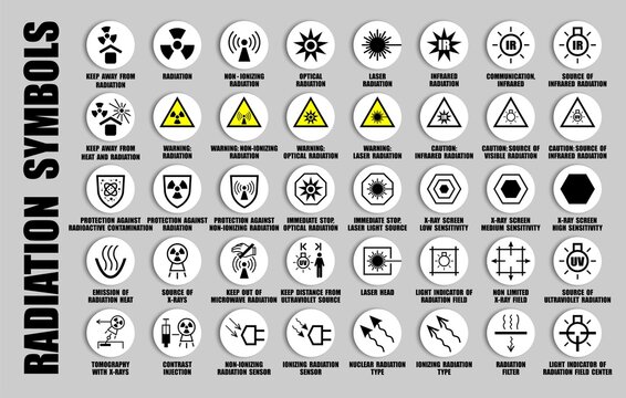 Full vector set of black radioactive symbols isolated on white. Radiation danger and caution ISO icons with warning information
