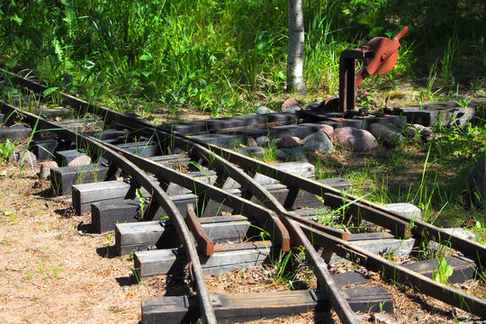 Narrow-gauge railway in the forest. Rails and sleepers - Powered by Adobe