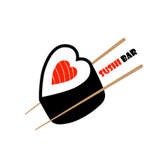 Sushi bar logo, chopsticks holding heart shaped sushi roll, isolated, vector illustration.