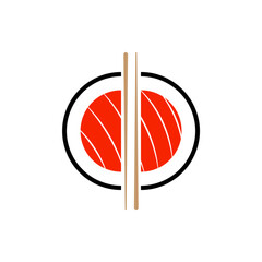 Sushi roll split in half with chopsticks, isolated vector illustration.