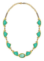 Jewelry design modern art turquoise gold necklace. Hand drawing and painting on paper.