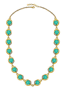Jewelry design modern art turquoise gold necklace. Hand drawing and painting on paper.