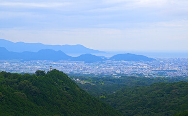 Sweeping view of Mishima, a coastal city southeast of Mount Fuji, on a hazy overcast day