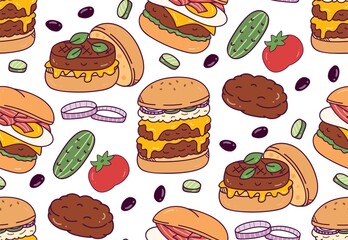 burger doodle seamless pattern vector illustration