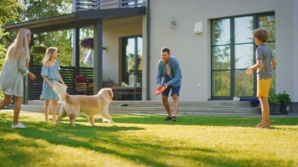 Smiling Beautiful Family of Four Play Fetch flying disc with Happy Golden Retriever Dog on the Backyard Lawn. Idyllic Family Has Fun with Loyal Pedigree Dog Outdoors in House Backyard. Slow Motion - Powered by Adobe