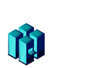 Data center or storage concept based isometric design with local servers connected to cloud servers and laptop on shiny blue background.