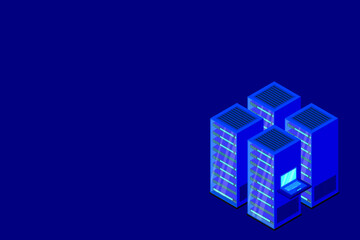 Data center or storage concept based isometric design with local servers connected to cloud servers and laptop on shiny blue background.