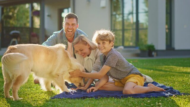Portrait of Father, Mother and Son Having Picnic on the Lawn, Posing with Happy Golden Retriever Dog. Idyllic Family Have Fun with Loyal Pedigree Dog Outdoors in Summer House Backyard. Slow Motion 