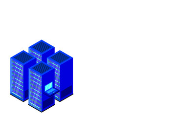 Data center or storage concept based isometric design with local servers connected to cloud servers and laptop on shiny blue background.