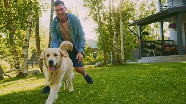 Handsome Man Plays Catch flying disc with Happy Golden Retriever Dog on the Backyard Lawn. Man Has Fun with Loyal Pedigree Dog Outdoors in Summer House Backyard. Handheld Slow Motion Shot