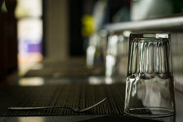 Table prepared before eating in a kitchen
