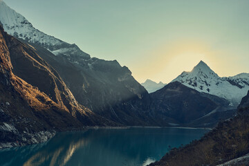 photography of mountain landscapes, snowy mountains and lakes