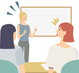 英会話教室で英語の授業を受ける女性のイラスト　英語を習う生徒