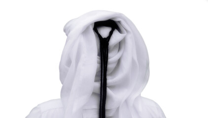 Portrait of an unknown Qatari man from behind in a traditional uniform isolated on white background