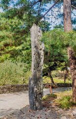 Granite stone beside hiking trail in public park.