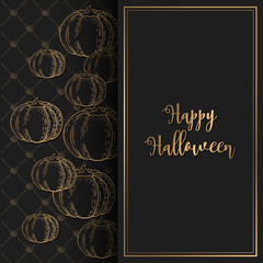 Happy Halloween vector illustration with gold lettering, pumpkins and bones decoration elements isolated on black background. Design for poster, banner, greeting card, party invitation