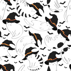 Seamless vector halloween pattern with cute cats in witch hats and bats isolated on white background. Illustration for textile, print, card, invitation, wallpaper, fabric, home decor