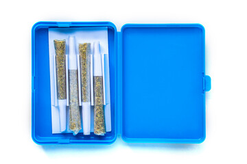 Cannabis blue box plastic package container for Prerolls or Joints with pre-rolls cannabis joints on a white background