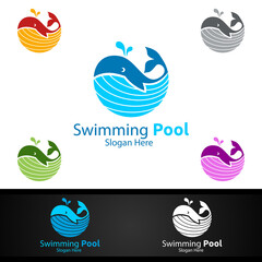 Whale Swimming Pool Service Logo with Cleaning Pool and Maintenance Concept