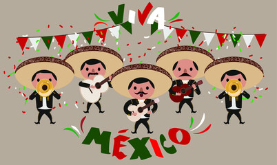 Fototapeta premium Mariachis playing at independence day party and text in spanish: Long live Mexico