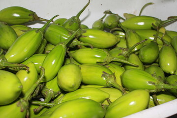 Bowl green shiny peppers in Brazil market