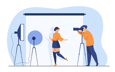 Professional photographer taking pictures of young woman. Female model posing for camera against white backdrop among studio light. Vector illustration for photo shooting, photography concept - obrazy, fototapety, plakaty