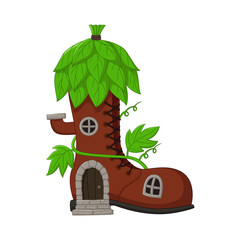 Cartoon fairytale house boots with roof of leaves