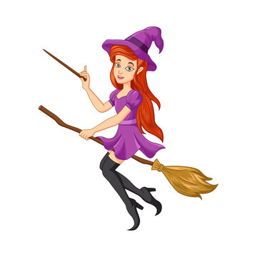 Cartoon Halloween witch girl flying on broom