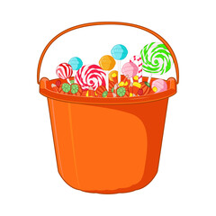 Halloween sweets and candies on the bucket