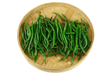green hot peppers in container isolated on white background