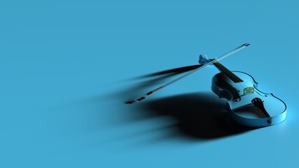 Blue classic violin on pink plate under spot lighting background. 3D sketch design and illustration. 3D high quality rendering.