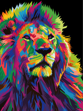 Fototapeta colorful lion head on pop art style isolated with black backround