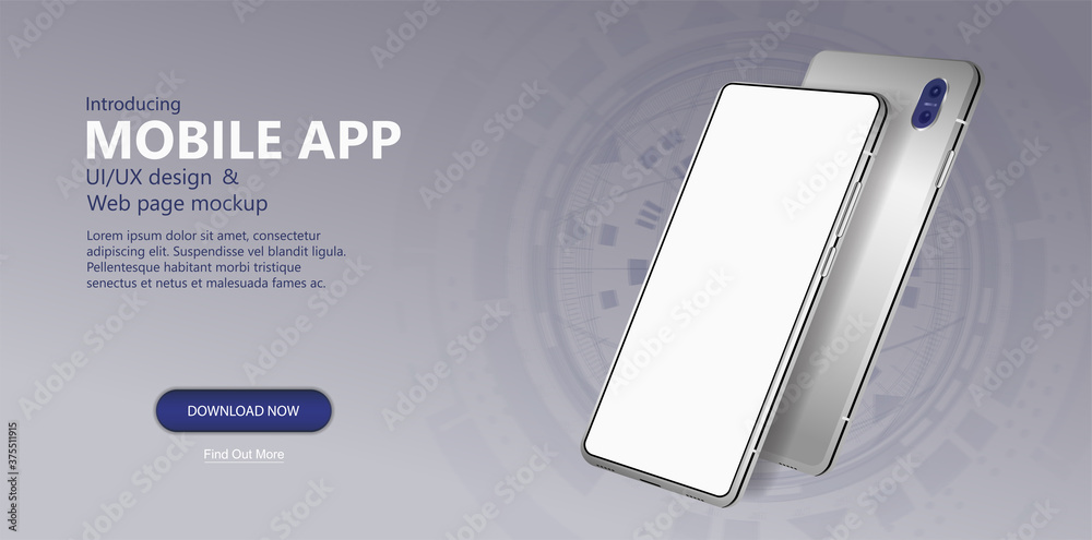 Poster Mockup smartphone and web page template with 3D realistic mobile phone in perspective position. Cellphone for UI, UX, KIT and web design. Smartphone template for advertising and other. Vector mockup