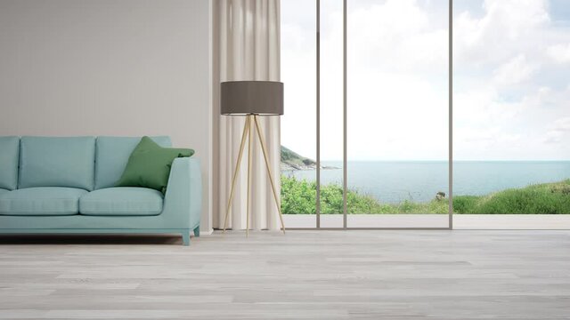 Blue sofa near blank wall on empty wooden floor of large living room in modern house or luxury villa. Cozy home interior 3d rendering with beach and sea view.