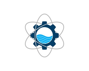 Atom symbol with gear and water inside