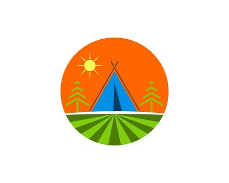 Circle shape with green field and camp tent inside