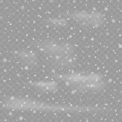 Realistic falling snow on transparent background. Snowflakes, snow background. Vector illustration