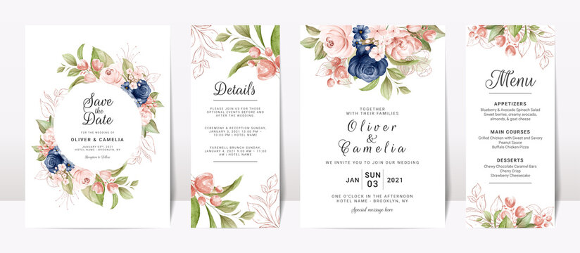 Floral wedding invitation template set with navy and peach watercolor roses and leaves decoration. Botanic card design concept