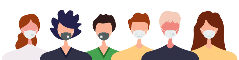 Different people wearing face masks isolated on white background. Man and women in respirators. Protection from coronavirus outbreak, pandemic prevention. Vector illustration in flat cartoon style