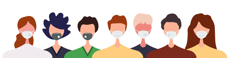 Different people wearing face masks isolated on white background. Man and women in respirators. Protection from coronavirus outbreak, pandemic prevention. Vector illustration in flat cartoon style