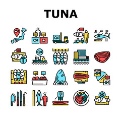 Tuna Auction Tsukiji Market Collection Icons Set Vector. Tuna Fishing And Delivery, Fish Meat And Fillet, Fisherman And Seller, Sale And Buy Color Contour Illustrations