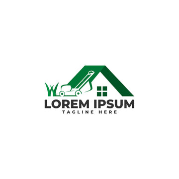 Lawn mower and roof house for service logo design