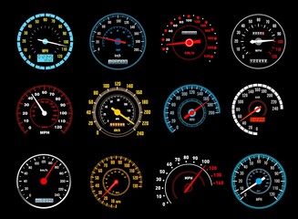 Car speedometer vector icons of dashboard speed meters. Gauges of auto motor vehicle instrument panel with glowing speedo dials, electronic and mechanical odometers, speed measure instruments design - obrazy, fototapety, plakaty
