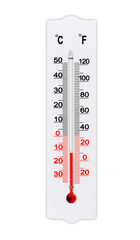Atmospheric plastic meteorology thermometer isolated on white background. Ambient temperature minus...