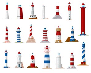 Obraz na płótnie Canvas Sea lighthouse and beacon tower isolated vector icons. Nautical navigation ocean coast light houses with searchlight beams, blue, red and white stripes, coastal building architecture design